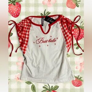 white and red gingham top with bows & embroidered print